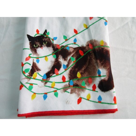 Anthropologie Christmas Cat Wrapped In Lights Dishtowel Cotton NWT - Picture 2 of 13